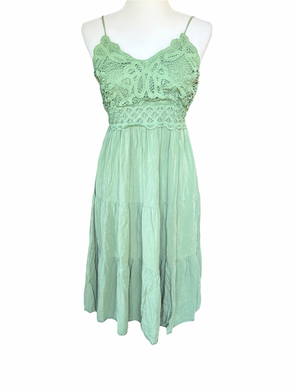 Dokuritu Women's Beach Crochet Lace Long Tiered Midi Dress Light Green Sz Small